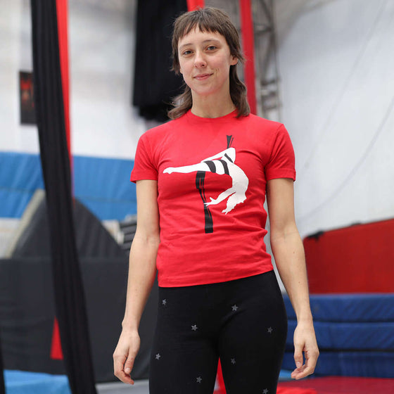 Youth circus student wears an AirCraft Circus Academy tshirt