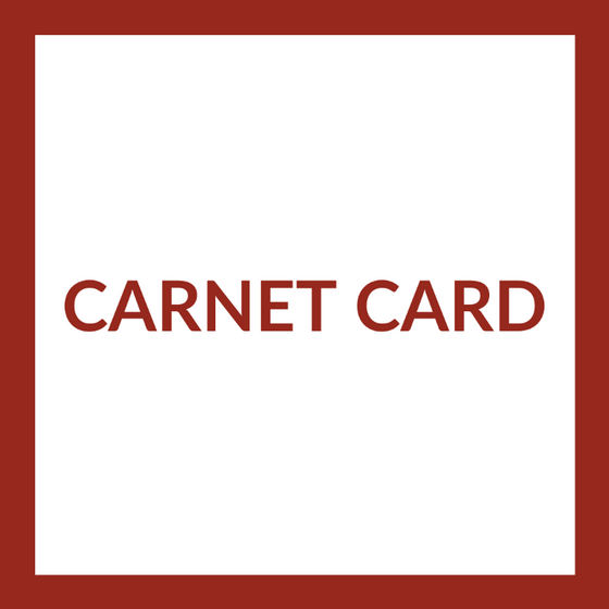 Carnet card in red text on a white background with a red border